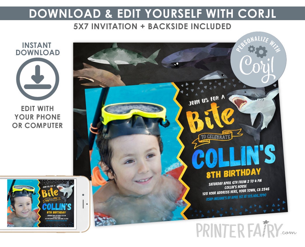 Shark Birthday Invitation with Photo, Editable Template (Digital Download)