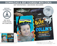 Shark Birthday Invitation with Photo, Editable Template (Digital Download)