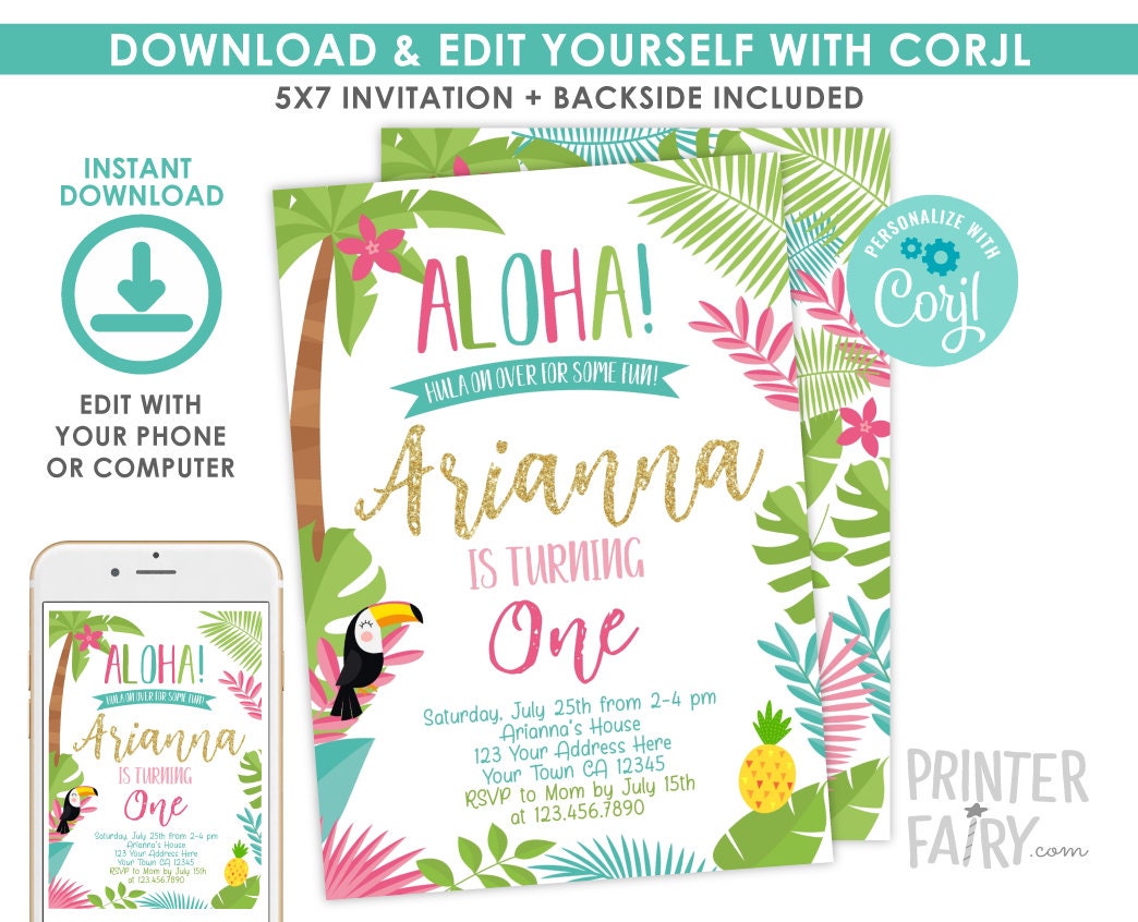 Luau 1st Birthday Invitation, Editable Tropical Party (Digital Invite)