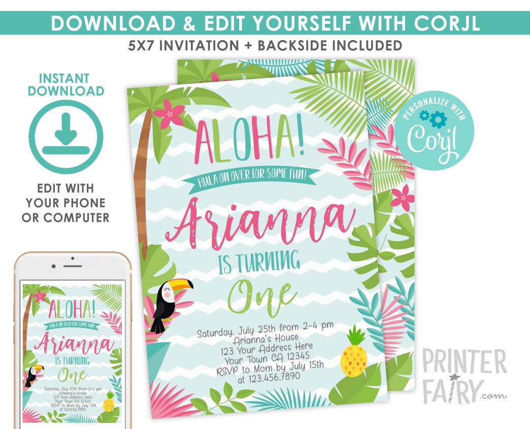 Luau 1st Birthday Party Invitation EDITABLE Template fot any age, Tropical Party (INSTANT DOWNLOAD)