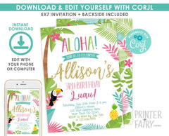 Editable 1st Birthday Luau Party Invitation Editable Template, Hawaiian Tropical Theme (Instant Download)