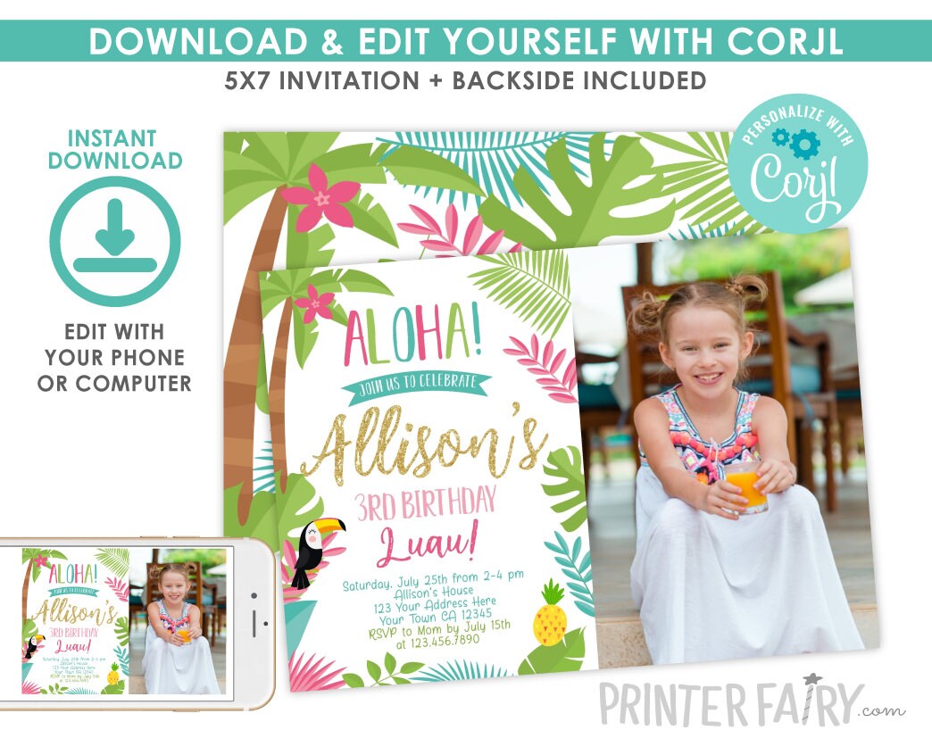 Editable Luau Birthday Photo Invitation, Tropical Party (Instant Download)