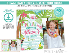 Editable Luau Birthday Invitation with Photo (Digital Download)