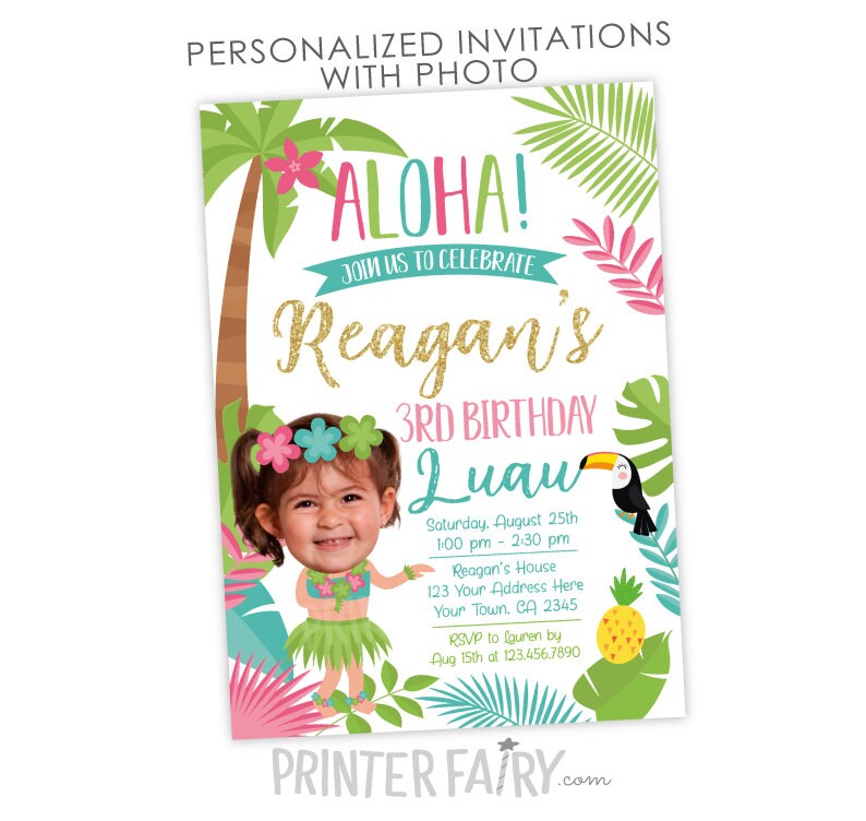Luau Birthday Invitation with Photo, Personalized Tropical Party (Digital Invitation)