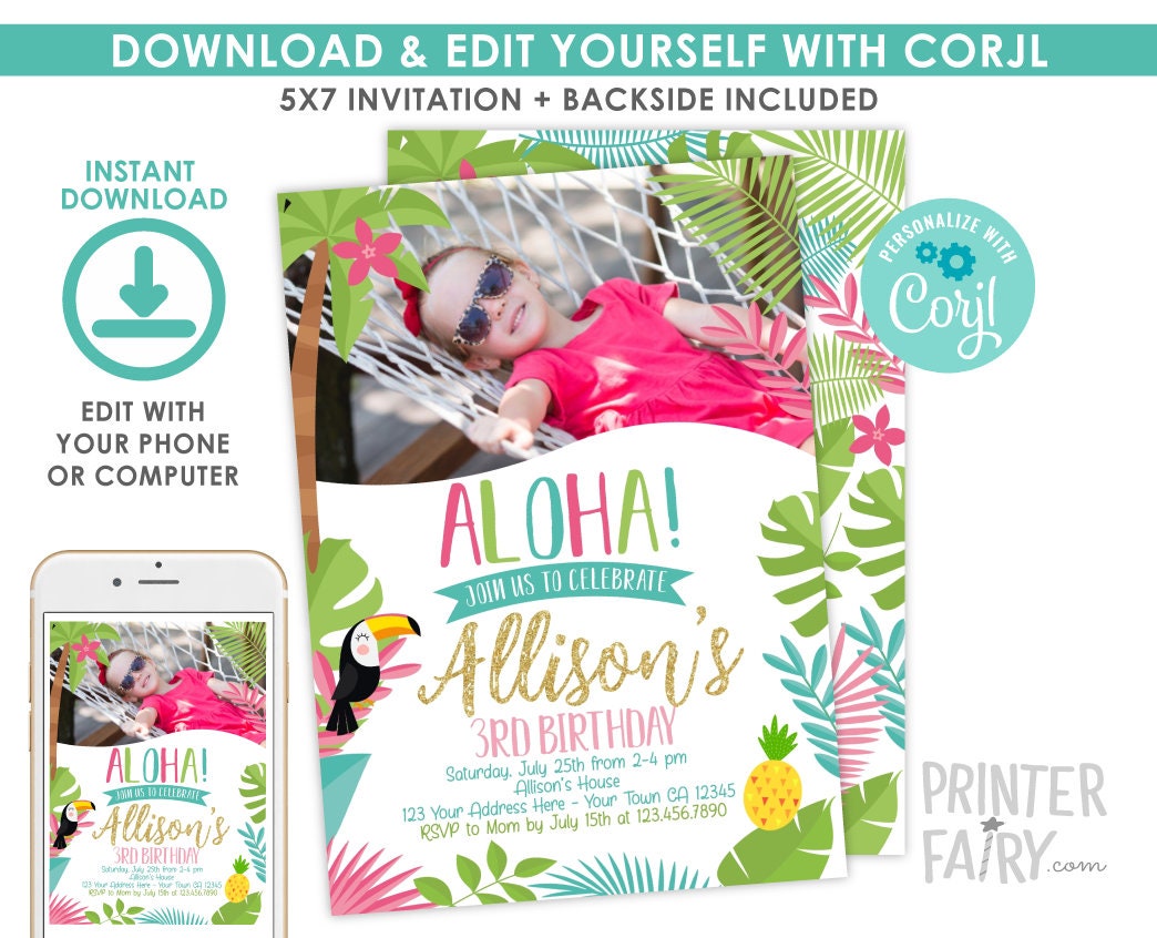 Luau Birthday Invitation with Photo, Tropical Party (INSTANT DOWNLOAD)