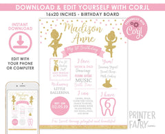 Ballerina Birthday Party Milestones Board Editable Template, Instant Download