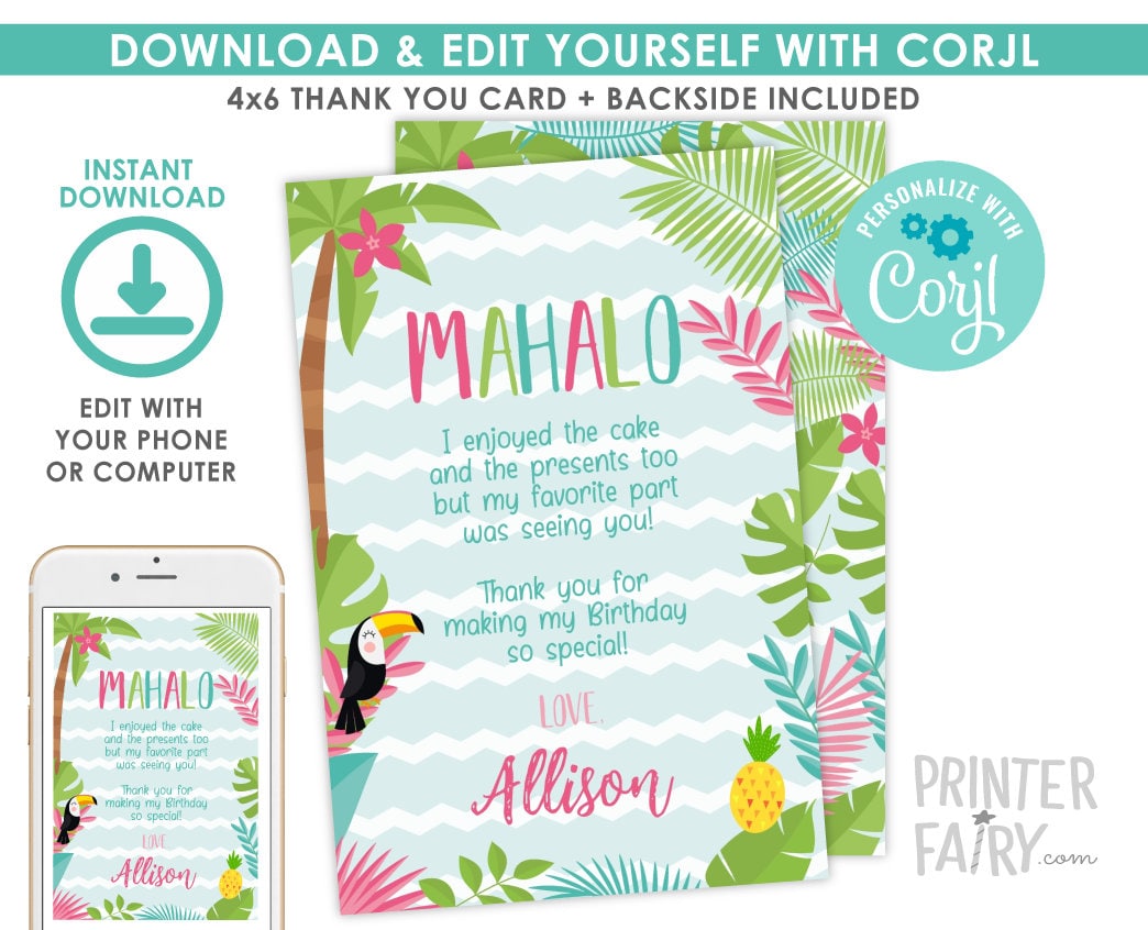 Editable Luau Thank You Cards, Hawaiian Birthday (Instant Download)