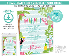 Editable Luau Thank You Cards, Hawaiian Birthday (Instant Download)