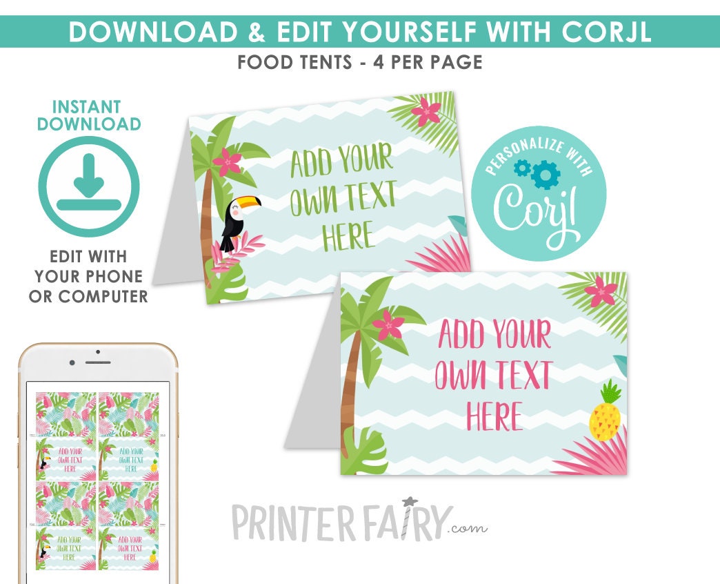 Tropical Ice Cream Party Food Labels, Editable Tent Cards (Digital Download)
