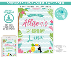 Editable Luau Welcome Sign, Tropical Birthday Party (Instant Download)