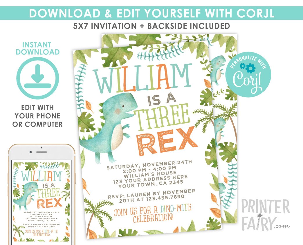 Three Rex Birthday Invitation, Editable Dinosaur Party Invite (Digital Download)