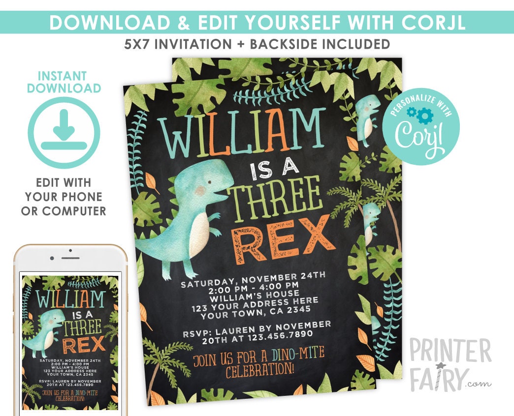 Three Rex Dinosaur Birthday Invitation, Editable Digital Invite (Instant Download)