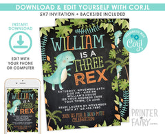 Three Rex Dinosaur Birthday Invitation, Editable Digital Invite (Instant Download)