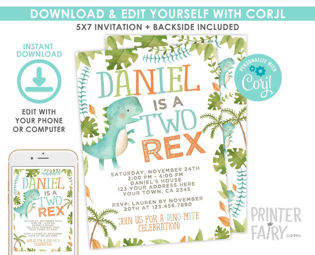 Two Rex Dinosaur Birthday Invitation, Editable Digital Invite (Digital Download)