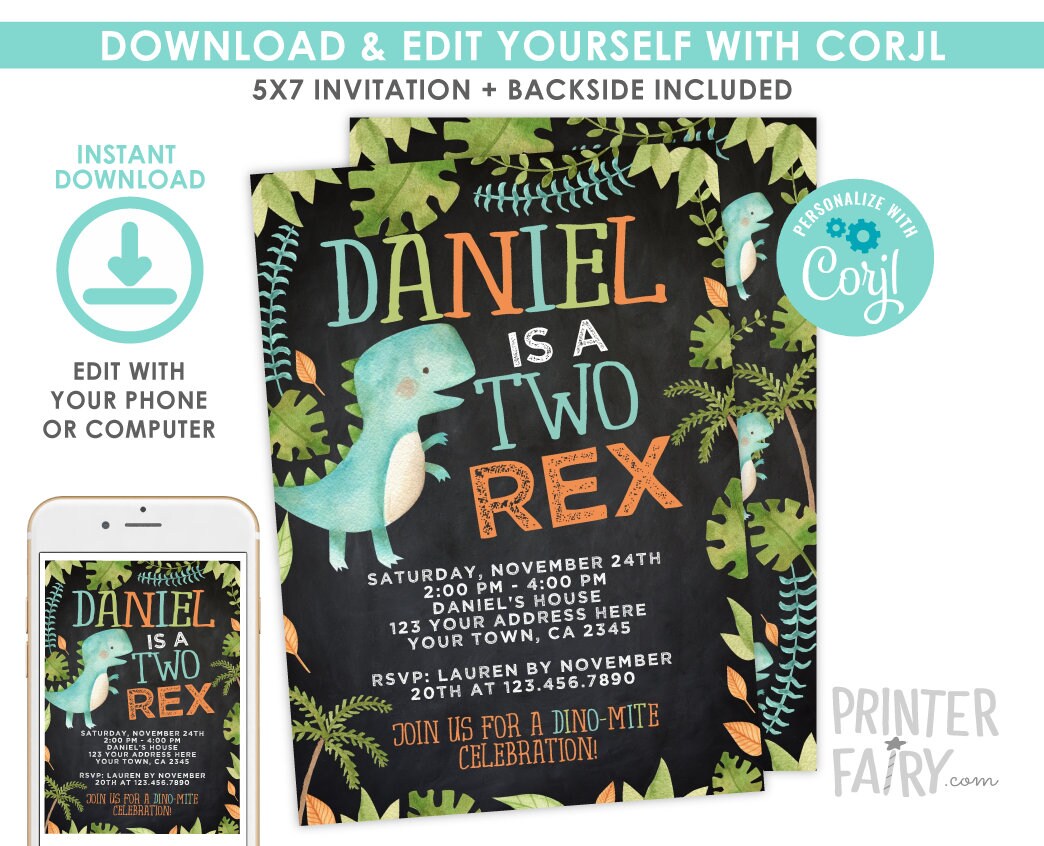 Two Rex Invitation EDITABLE Template for Any Age, Dinosaur Birthday Party, Instant Download