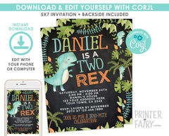 Two Rex Invitation EDITABLE Template for Any Age, Dinosaur Birthday Party, Instant Download