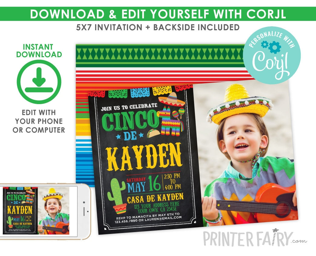 Fiesta Birthday Invitation with Photo, Cinco de Mayo, EDIT YOURSELF (Digital Invite)
