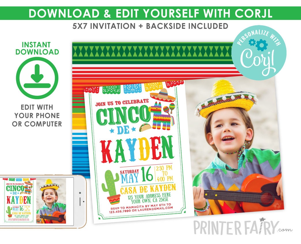 Fiesta Birthday Invitation, Cinco de Mayo Photo Invite (Digital)