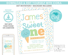 Ice Cream 1st Birthday Invitation Editable Template, Instant Download