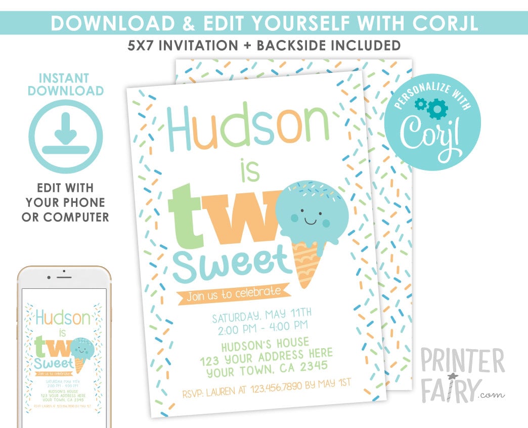 Two Sweet 2nd Birthday Invitation, Ice Cream Party, Editable Template (Digital Instant Download)