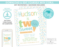 Two Sweet 2nd Birthday Invitation, Ice Cream Party, Editable Template (Digital Instant Download)