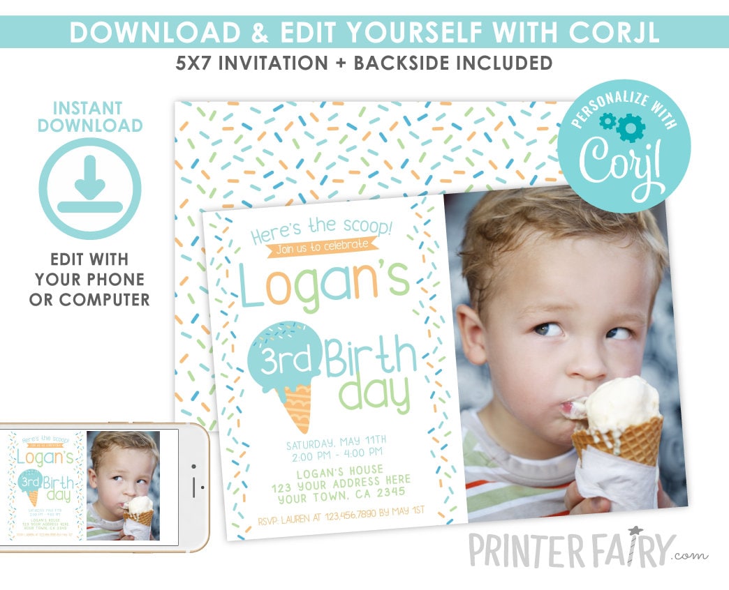 Ice Cream Birthday Invitation with Photo, Boy Party (Editable, Instant Download)