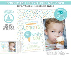 Ice Cream Birthday Invitation with Photo, Boy Party (Editable, Instant Download)
