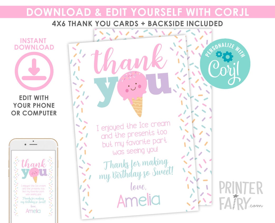 Ice Cream Party Thank You Card Editable Template, Instant Download