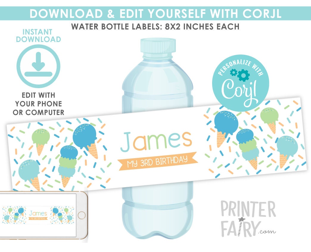 Ice Cream Birthday Water Bottle Labels, EDIT YOURSELF (Digital Download)