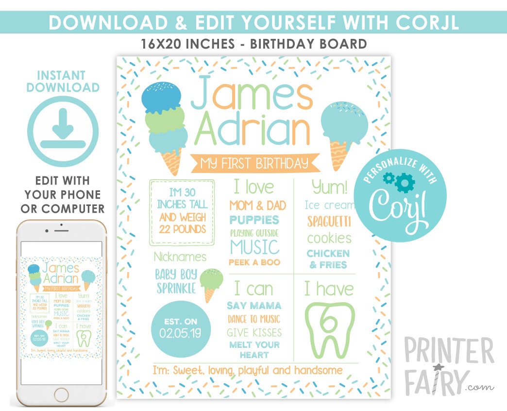 Ice Cream Birthday Board, EDITABLE Digital Sign (Instant Download)
