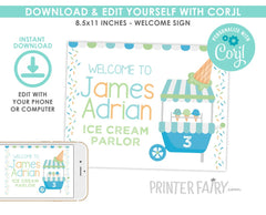 Ice Cream Parlor Welcome Sign, Editable Birthday Party Decor (Digital Download)