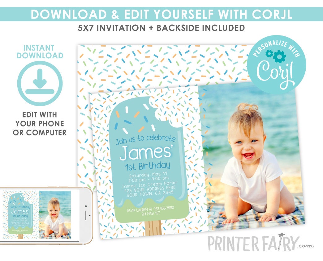 Popsicle Birthday Invitation with Photo, Summer Ice Cream Party (Digital, Editable)