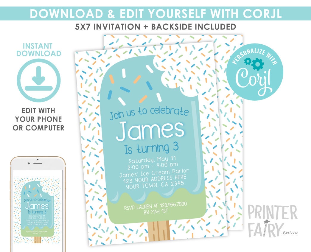 Popsicle Birthday Invitation, Ice Cream Summer Party (Digital, Editable)