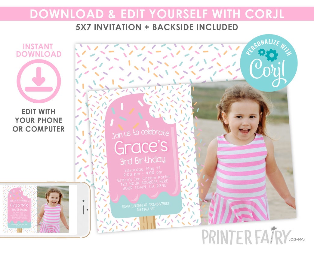 Popsicle Birthday Invitation with Photo, Editable Summer Party Invite (Digital)