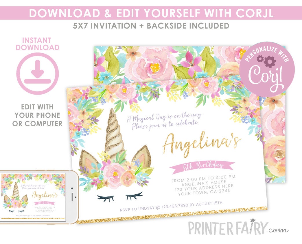Editable Unicorn Birthday Invitation, Magical Party (Instant Download)