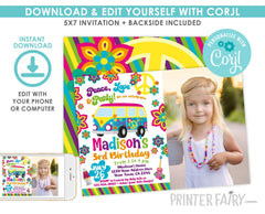 Hippie Birthday Invitation with Photo, 60s Party (Digital Download)