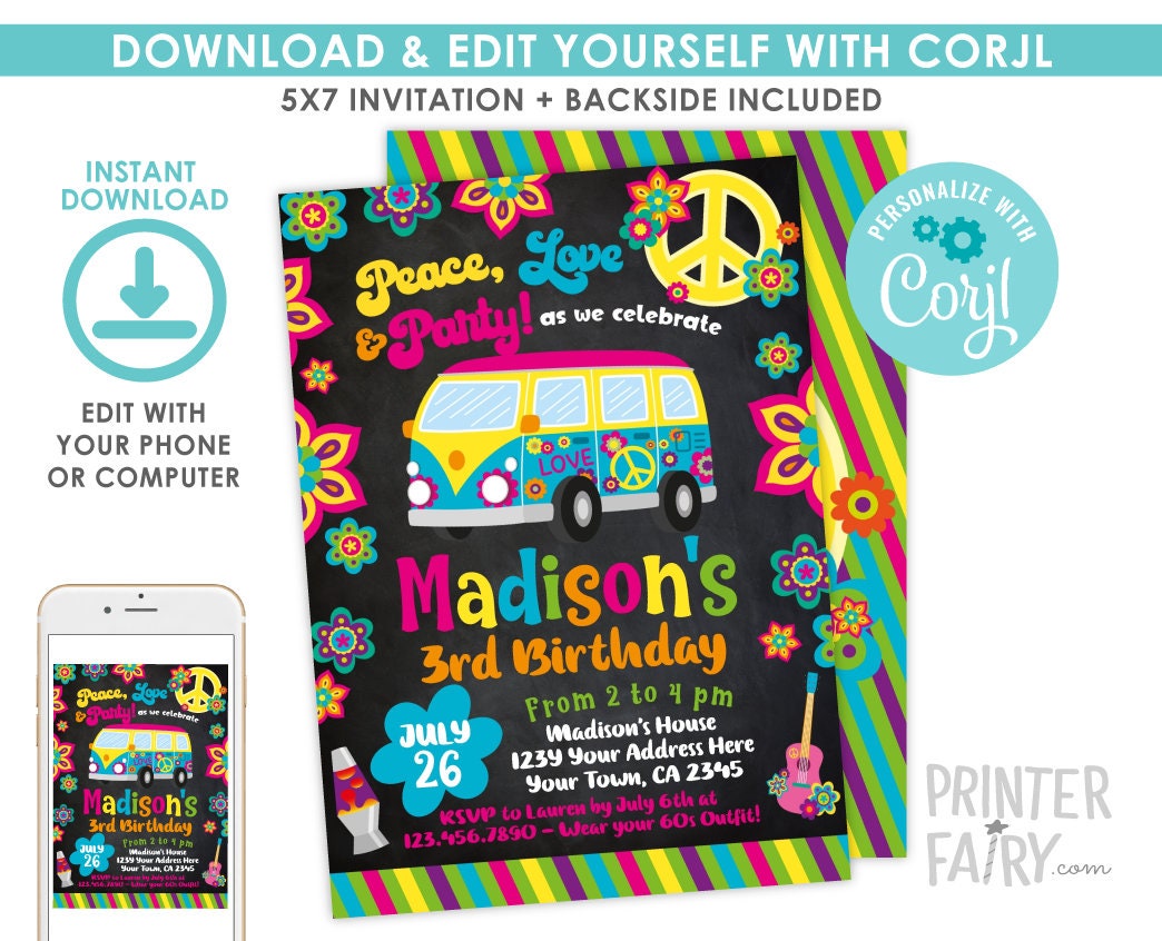 Editable Hippie Birthday Invitation, Groovy 60s Party (Digital Download)