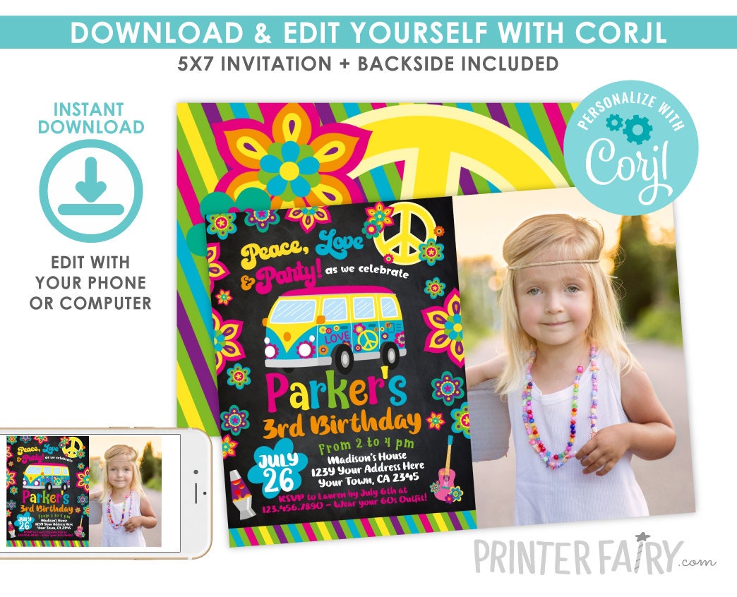 Editable Hippie Birthday Photo Invitation, Peace and Love (Digital Download)