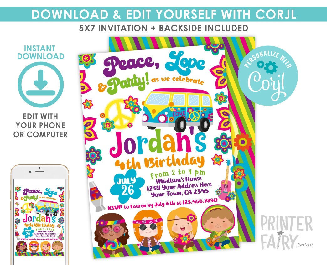 Editable Hippie Birthday Invitation, 60s Party (Digital Download)