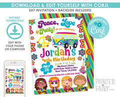 Editable Hippie Birthday Invitation, 60s Party (Digital Download)