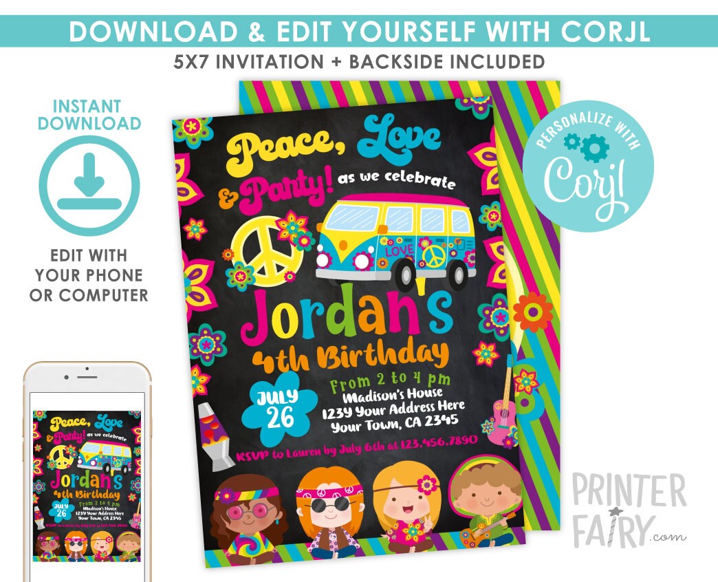 Hippie Birthday Invitation EDITABLE Template 60s Party Invitation for any age, Instant Download