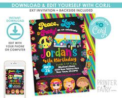 Hippie Birthday Invitation EDITABLE Template 60s Party Invitation for any age, Instant Download