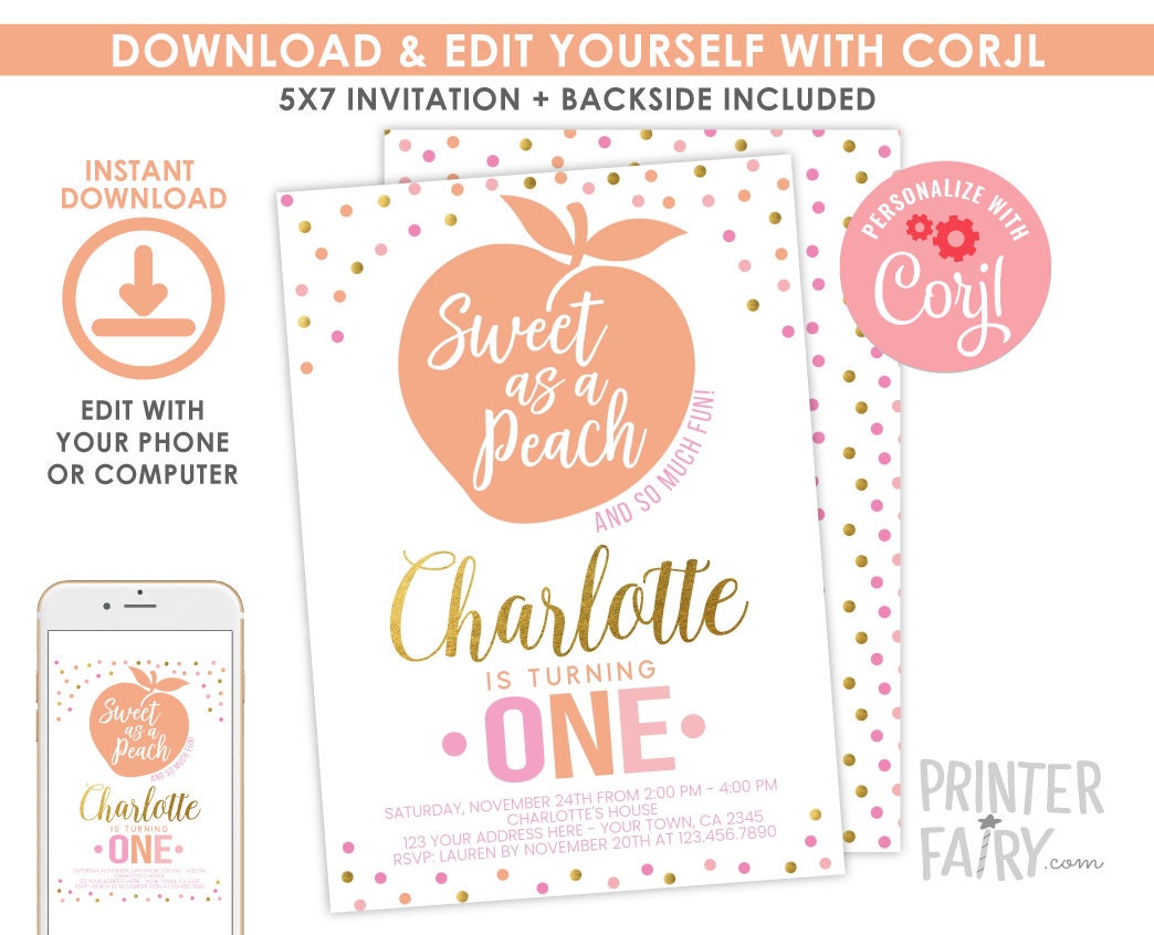 Sweet Peach Birthday Invitation, Editable Template (Instant Download)