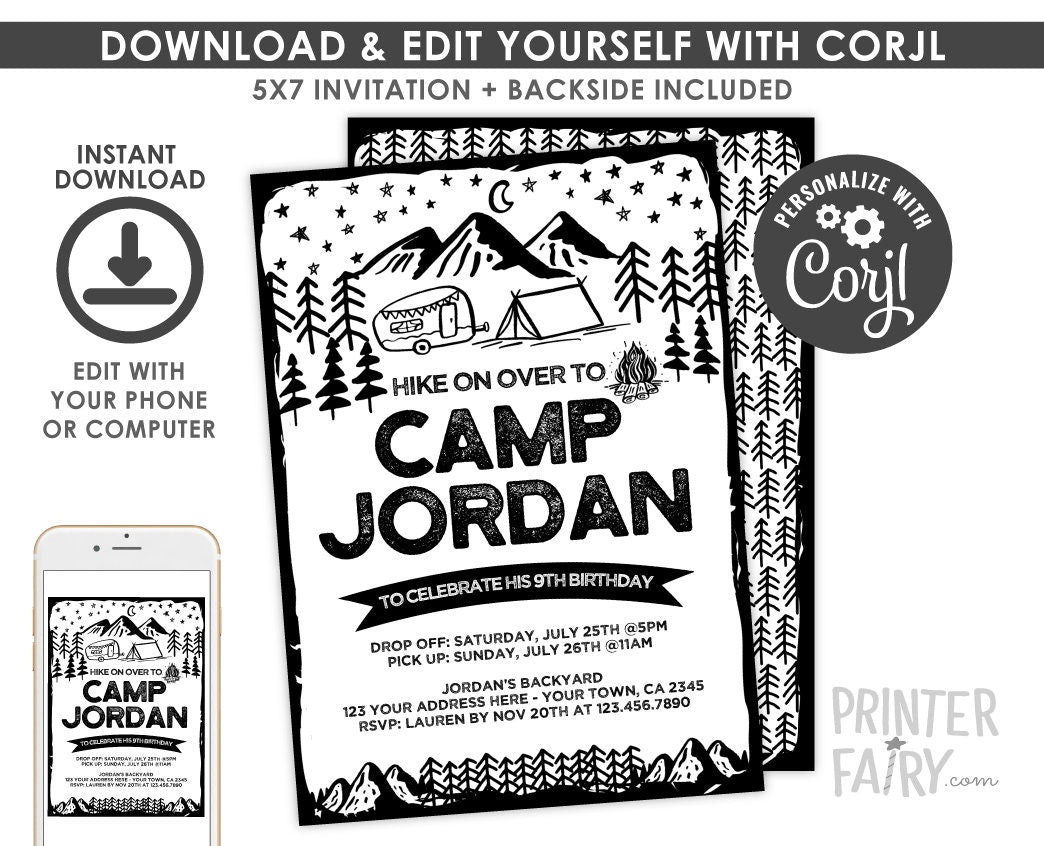 Editable Camping Birthday Invitation, Black and White (Instant Download)