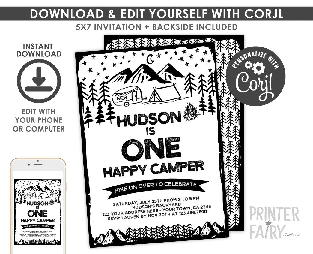 Happy Camper 1st Birthday Invitation, Camping Party (EDITABLE, INSTANT DOWNLOAD)