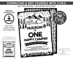 Happy Camper 1st Birthday Invitation, Camping Party (EDITABLE, INSTANT DOWNLOAD)