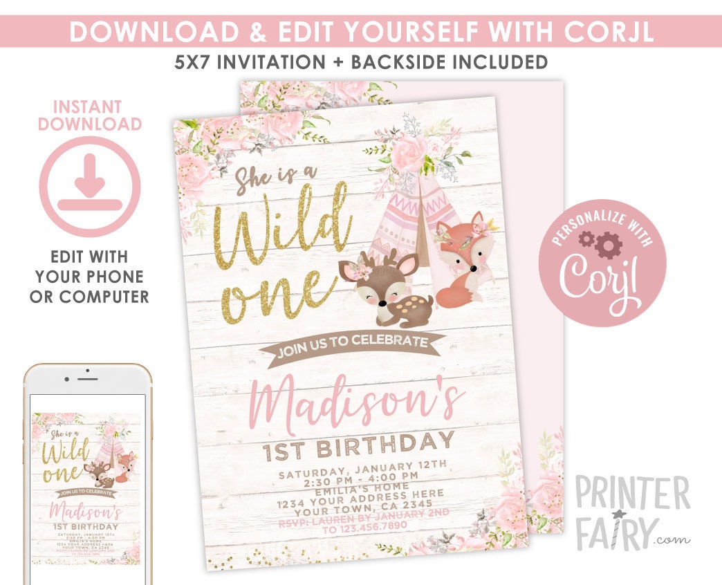 Wild One Birthday Invitation, Girl, Tribal Woodland Animals (Digital Download)
