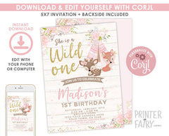 Wild One Birthday Invitation, Girl, Tribal Woodland Animals (Digital Download)