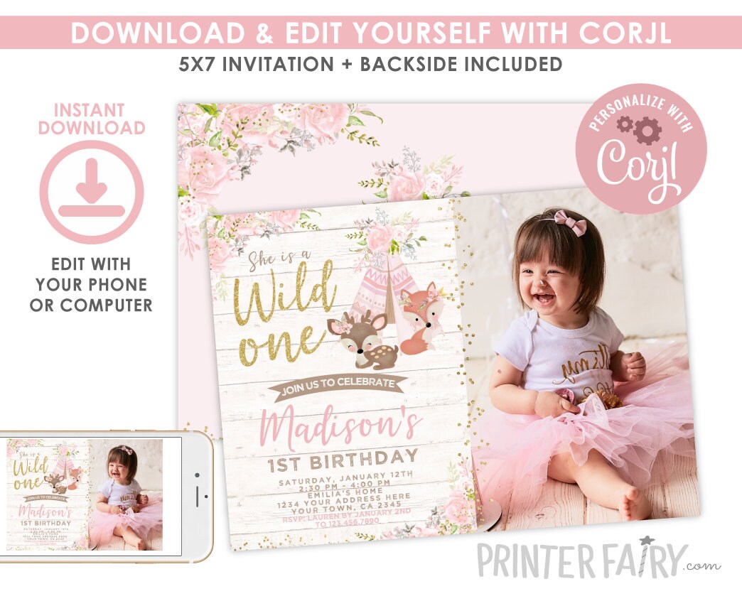Wild One Girl Birthday Invitation, Tribal Woodland, Photo (Digital Download)