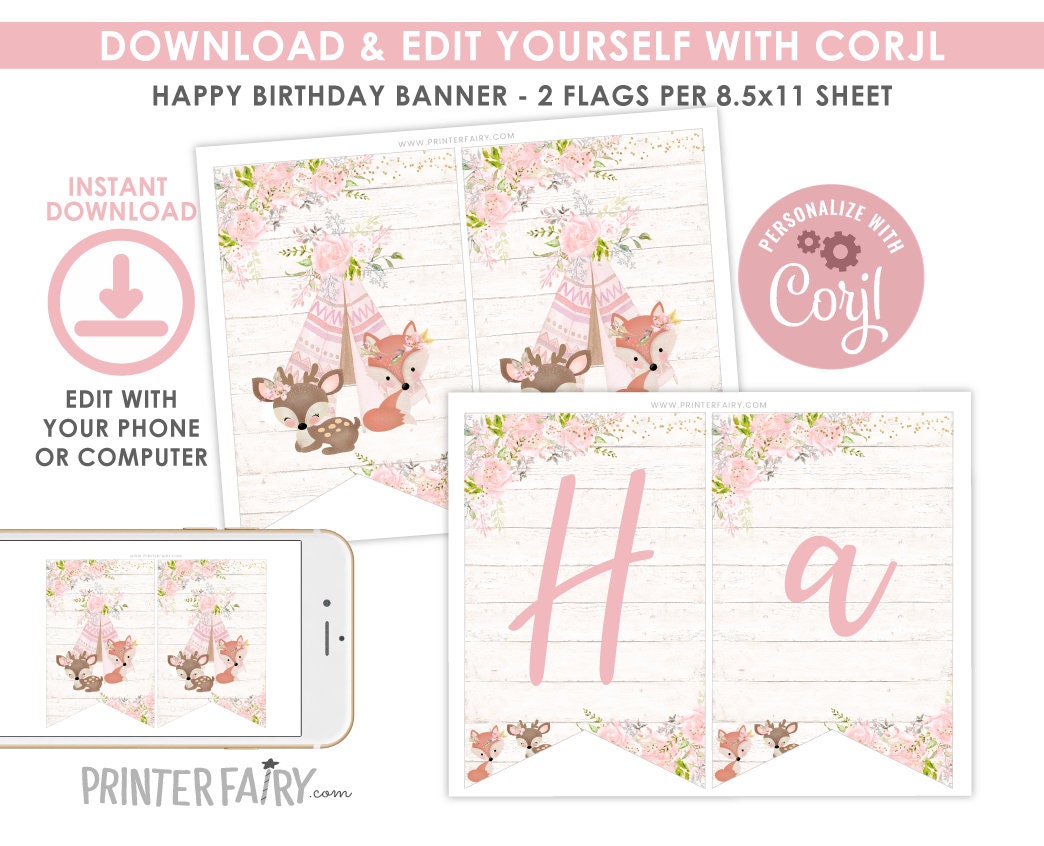 Wild One Girl Banner, Tribal Woodland Birthday, Boho Party (Editable, Printable, Instant Download)